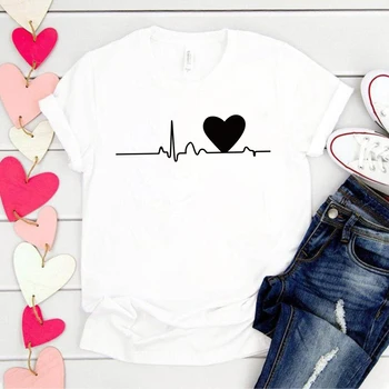 ECG Dragoste Inima de Imprimare Femei Tricou Maneca Scurta de Moda de Vară Cuplu de Valentine ' s Tricou Pentru Femei Topuri Tee Fete sex Feminin