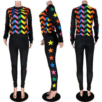 Dungi colorate Star 2 Bucata Set Sport pentru Femei Costum de Toamna Iarna cu Maneca Lunga Top +Pantaloni Legging Casual Trening Set de Potrivire