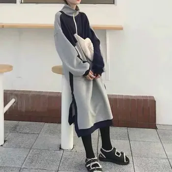 Toamna Iarna Guler Lung Tricou Femei Mozaic Vogue Hoodie Pulover Topuri Grey Side Split De Sex Feminin Tricou Rochie Nouă