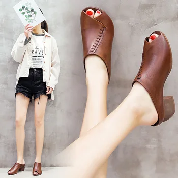 GKTINOO 2020 Moda Retro Femei Pantofi Papuci de Vara Sandale cu Toc din Piele Doamna Diapozitive Pantofi Handmade, Papuci de casă