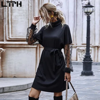 LTPH 2020 nou-veniți Toamna Punct plasă de Îmbinare Manșon de Puf pentru femei rochie de iarnă Birou Doamnă temperament Slim mici rochii negre