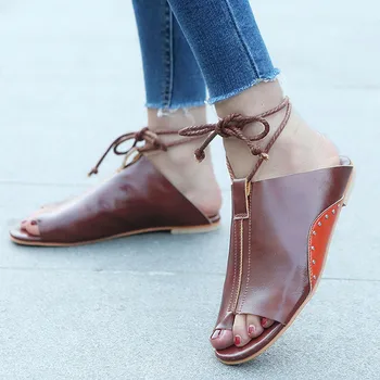Pantofi pentru femei cu Fund Plat Sandale Romane, sandale Glezna Bretele Pene Platforma Pantofi Sandale Femme 2019#G4