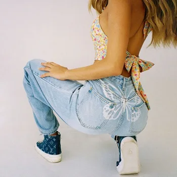 Criptografice Moda Fluture De Imprimare Blugi Denim Mare Creștere Jeans Femei Blugi Drepte Streetwear Jos Pantalonii Primăvara Anului 2021