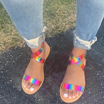 2020 Boho Sandale Femei Încălțăminte De Plajă Sandale Plate Rainbow Femei Crucea Glezna Sandale Plus Dimensiune Moda De Vara Femei Pantofi