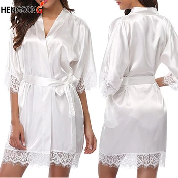 2019 Noi Femeile Doamnelor Sleepwear Dantelă Jumătate Maneca Camasi De Noapte Imitatie De Matase De Gheață Pijamale Femei Rochii De Seara Cu Centura