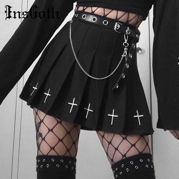 InsGoth Înaltă Talie Mini Fuste Negre Gotice Streetwear Cruce De Imprimare Plisata Femei Fuste Casual Colegiul Lolita Harajuku Fusta