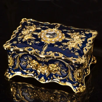 Europene Forma de Dreptunghi Relief Placare cu Aur cu Albastru Pictate manual și Bijuterii Breloc de Stocare de Metal Cutie de Bijuterii