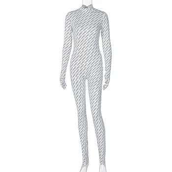 ANJAMANOR Moda Scrisoare de Imprimare Alb Salopeta Sexy cu Mănuși de Femei Clubwear 2020 Maneca Lunga Bodycon Una Bucata Costum D70-DZ32