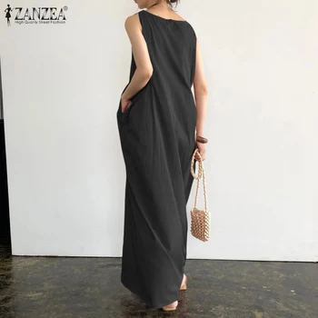 2021 ZANZEA Solid Cămașă Lungă Rochie Eleganta pentru Femei rochie fără Mâneci Sundress Vară de Moda Buzunare Vestido Halat Femme Rochii Plus Dimensiune