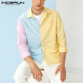 INCERUN Barbati Tricouri Culoare Bloc Rever Maneca Lunga Moda Butonul de petrecere a timpului Liber Bluza Streetwear Mozaic Casual Camisa Masculina