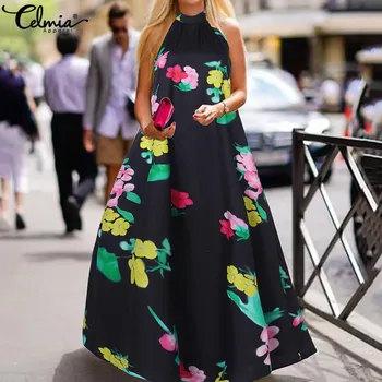 Femei Vintage Halter Maxi Dress Celmia 2021 Boem Imprimare Florale rochie fără Mâneci de Pe Umăr Rochie Lungă, Elegantă Petrecere Vestidos 5XL