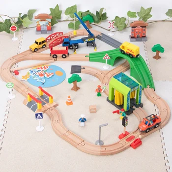 Cale de lemn Set de Tren Spalatorie Auto, Cameră de Lemn de cale Ferată Mașină de Puzzle de Învățământ Jucării Compatibil Marca Cale de Lemn Jucarii pentru Băiat Cadouri