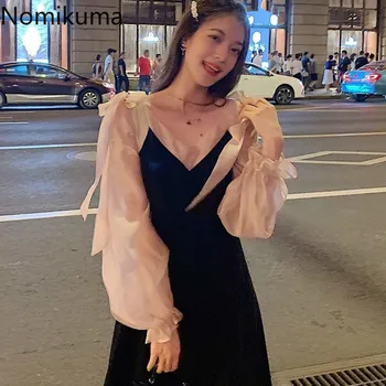Nomikuma Femei Rochie Panglică Dantelă Up V Gatului Maneca Lunga Jumătatea Vițel Rochii de sex Feminin Vestidos de Toamnă Nou Mozaic Stil coreean 3d248