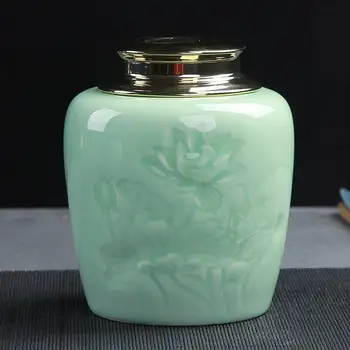 Chineză Ceai Din Ceramica Cutie Retro Lotus Sculpturi Ceai, Containere De Depozitare Casa Familiei Portelan Borcan Cu Pulbere De Culoare Verde Deschis Cafea Ceai Poate
