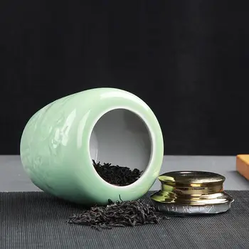 Chineză Ceai Din Ceramica Cutie Retro Lotus Sculpturi Ceai, Containere De Depozitare Casa Familiei Portelan Borcan Cu Pulbere De Culoare Verde Deschis Cafea Ceai Poate