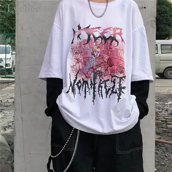 Lychee Harajuku Caracter de Imprimare Femei Tricou Top Tee Fals 2 Piese pentru Femei T-shirt de Sus Teuri Mozaic O-Femei gât T Camasi