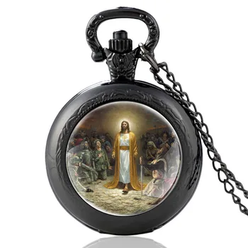 Clasic Domnul Isus Design de Bronz de Epocă Cuarț Ceas de Buzunar Bărbați Femei FOB Pandantiv Colier de Ore Ceas Cadouri