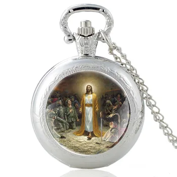 Clasic Domnul Isus Design de Bronz de Epocă Cuarț Ceas de Buzunar Bărbați Femei FOB Pandantiv Colier de Ore Ceas Cadouri