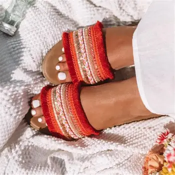 2019 Vara Femeile Plat, Papuci De Casă Nouă Ajurata Țesături Culori Amestecate Sandale Roma Retro Casual Pantofi De Sex Feminin În Aer Liber Acasă