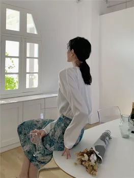 CHEERART 2021 Moda Halter Long Sleeve Ruched Top Femei coreene Bluza din Satin Femei Top Alb Liber de Designer Bluza de Primavara