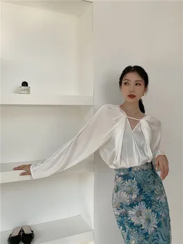 CHEERART 2021 Moda Halter Long Sleeve Ruched Top Femei coreene Bluza din Satin Femei Top Alb Liber de Designer Bluza de Primavara