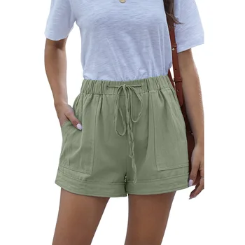 Femei Pantaloni Scurți Casual Simplu De Culoare Solidă Talie Elastic Cu Cordon, Buzunare Vara Plaja Usoare Scurt Lounge Shorts