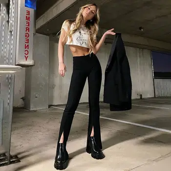 Y2K Goth Femei de Moda Alb Slab Creion Pantaloni Office Lady Jos Fantă Front Pantaloni cu Talie Înaltă subțiri Lungi Fund 2021