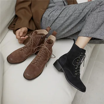 FEDONAS Concis Pantofi din Piele naturală Femeie cu Fermoar Lateral Rotund Deget de la picior Toc Glezna Cizme 2020 Iarna de Lucru de Bază Cizme Cizme
