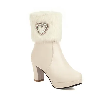 YQBTDL 2020 Toamna Iarna cu Toc Albe Mireasa, Pantofi de Nunta Faux Blana Design de Cristal în formă de Inimă Femei Glezna Cizme Roz Alb