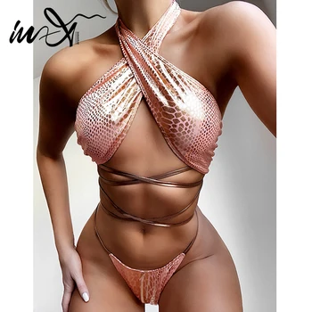 Într-X Sexy pink snake bikini 2020 mujer Halter swimsuit femei Doamnelor șir de costume de baie femei costum de baie Biquini costum de Înot