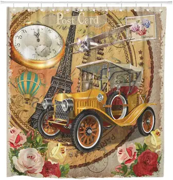 Retro Paris Flori Vintage Ceas Mașină Franța Vechi Perdea de Duș Impermeabil Tesatura de Poliester 72 x 72 Cm Set cu Cârlige
