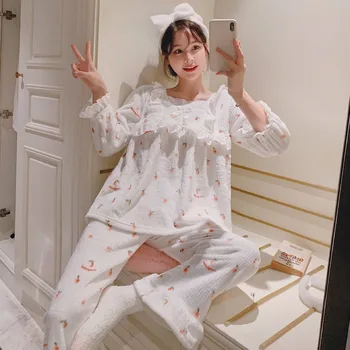 Noi de Iarna Pijamale Femei Flanel Cald Pijamale coreean Dantela de Acoperire Stil Printesa Cald Serviciu Acasă Costum din Două piese