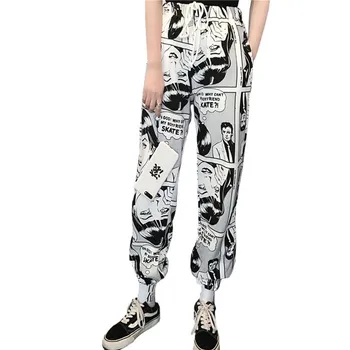 Elegant Desene Animate Print Pantaloni Cordon Elastic Talie Hip Hop Pantaloni Lungi Femei Harajuku Înaltă Talie Pantaloni Casual