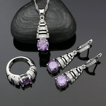 Argint 925 Violet Seturi de Bijuterii pentru Femei Cubic Zirconia Picătură de Cristal Cercei Colier Pandantiv Inel Bijuterii Kit