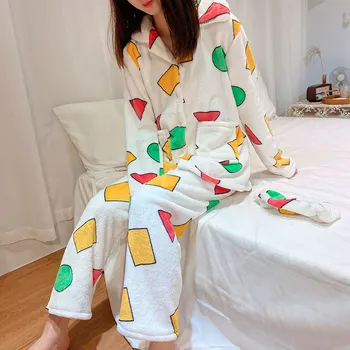 Japoneze Coral Catifea Pijamale Crayon Shin-chanv Doamnelor Pijamale Flanel Gros Pijama Calde Acasă Maneca Lunga Femei Pajas Anime