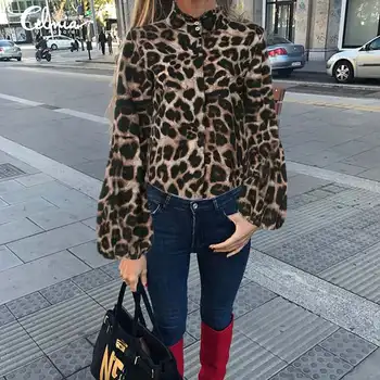 2021 Celmia Femei Gât Înalt Felinar Bluza cu Maneci Moda Maneca Lunga Femei Leopard de Imprimare Doamnelor Topuri Plus Dimensiune Casual Blusa 7