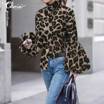 2021 Celmia Femei Gât Înalt Felinar Bluza cu Maneci Moda Maneca Lunga Femei Leopard de Imprimare Doamnelor Topuri Plus Dimensiune Casual Blusa 7