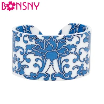 Bonsny Plastic Chinezesc Albastru Și Alb Portelan Model Brățări Brățări Noutate Etnice Bijuterii Pentru Femei Fata Doamnelor Cadou Vrac