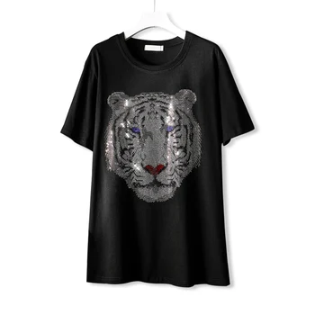 Vara model Tigru fierbinte diamant scurt-maneca tricou femei noua moda Casual, de stradă în vrac de mari dimensiuni lung negru topuri de sex feminin