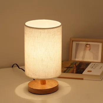 Abajurul USB Lampă de Noptieră Modernă cu LED-uri lampa de Birou cu Abajur din Tesatura și Bază de Lemn pentru uz Casnic Dormitor Ornament