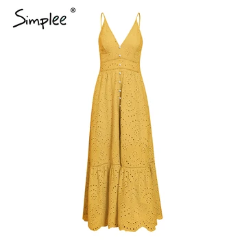 Simplu, elegant, galben, V-gât rochie de femei spaghete curea de sex feminin unduiri rochie de bumbac Vara plaja doamnelor stil rochii midi