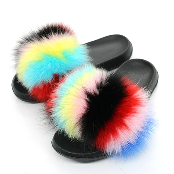 Femei Papuci de Blană de Vulpe blană de Diapozitive Fox Păr Flip Flops Pufos Plat cu Blană Papuci de Casă Femeie Blană de Sandale 2019 Brand de Pantofi de Lux