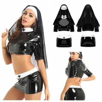 Femeile Adulți Obraznic Sexy Călugăriță Cosplay, Costume de Halloween Roleplay Tinuta Crop Top cu Fusta Bodycon si Caciulita pentru Clubwear