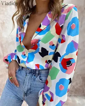 Femei Cu Maneci Lungi Butonul Design Bluza De Toamna Print Office Lady Shirt