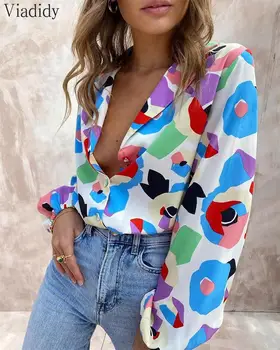 Femei Cu Maneci Lungi Butonul Design Bluza De Toamna Print Office Lady Shirt