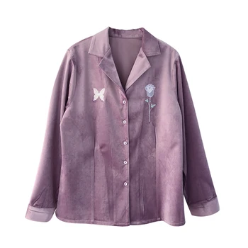 La modă catifea purpurie, bluze de Iarna 2020 nou design de tricou maneca lunga Fete dress V-gât brodate femei tricou