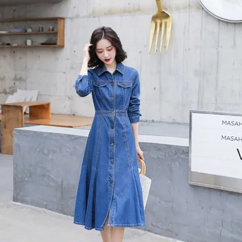 Denim rochie de lungime medie, femeile 2020 primăvară noua moda coreeană talie închidere maneca lunga casual temperament fusta lunga trend
