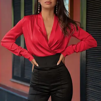 Celmia Femei, Bluze din Satin Cămașă 2021 Primăvară Maneca Lunga Sexy V-Neck Slik Topuri Casual, Solid, Elegant Doamnelor Blusas Femininas 5XL