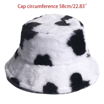 Femeile Se Ingroase Pufos De Plus Găleată Pălărie De Iarnă Caldă 2020 Epocă Drăguț Lapte De Vacă Tipărite Margine Largă Protecție Solară Packable Pescar Capac