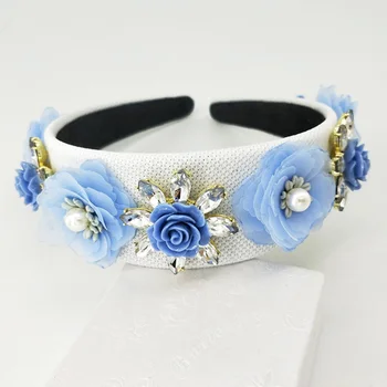 Lumina Albastru cu flori albe Bentita Pentru Fete Stras Coroana Bentițe de Înaltă Calitate Femei și Fete de Păr Accesorii de Petrecere Manual